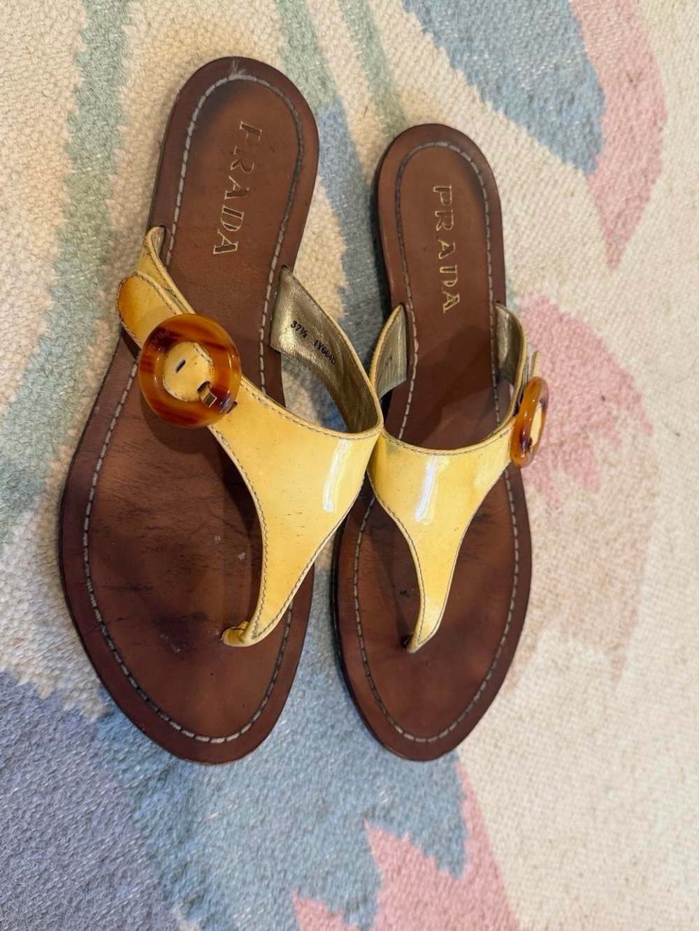 Prada Yellow Patent Leather Thong Sandals with Tortoiseshell Accent